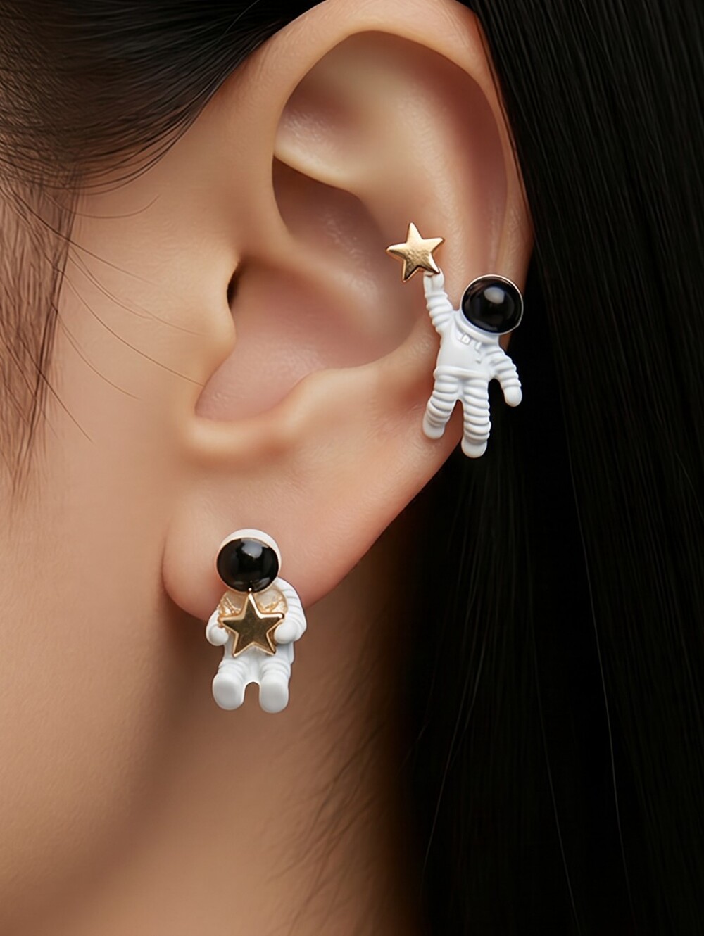 Astronaut Star Stud Earrings Mismatched Space Galaxy Cosmic Gold White Explorers